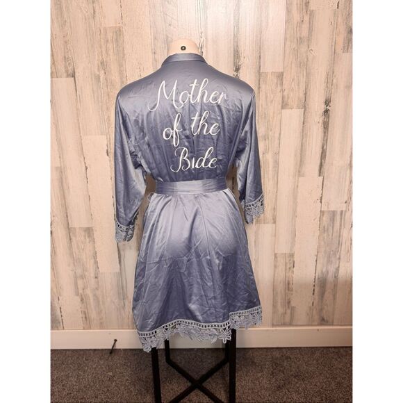 Mother of the Bride Blue Satin Lace Trim Robe - Picture 6 of 7